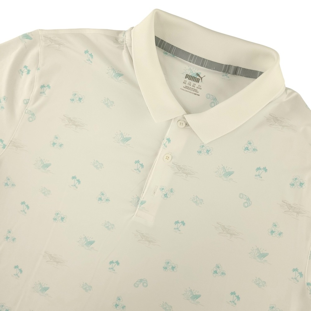 Puma Polo Shirt Mens 2XL White Tropical Graphic Print Golf Performance Top